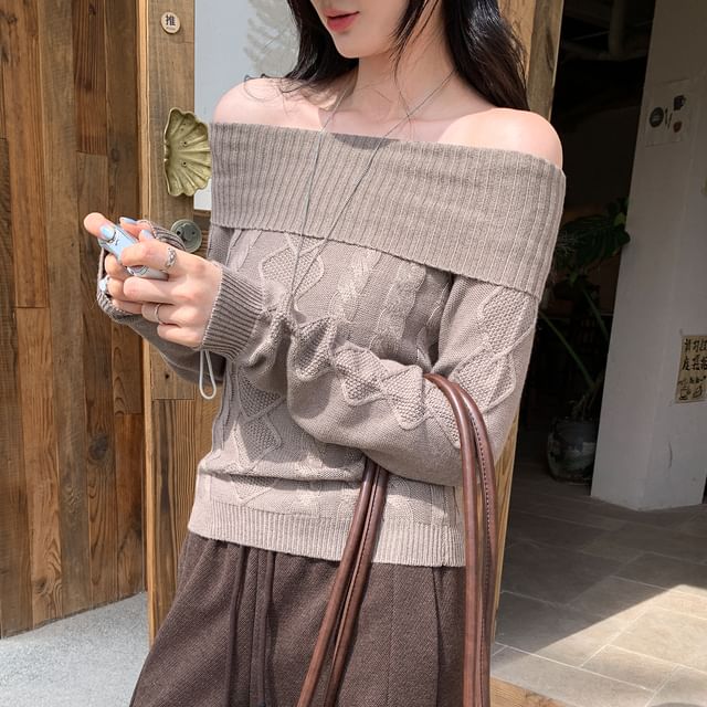 PINPI-Long-Sleeve Off-Shoulder Cable Knit Top