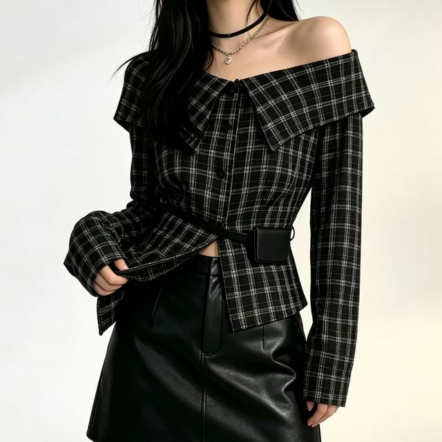 PINPI-Long-Sleeve Off Shoulder Collared Plaid Button Up Blouse