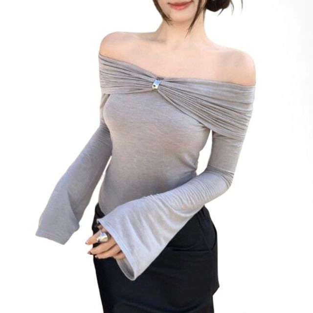 PINPI-Long-Sleeve Off Shoulder Plain Crop Top