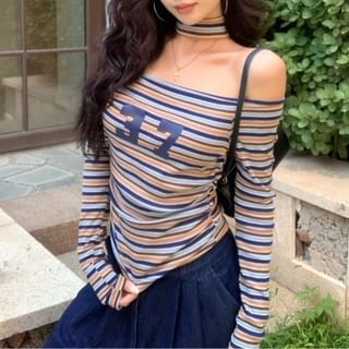 PINPI-Long-Sleeve Off Shoulder Striped Lettering Tee