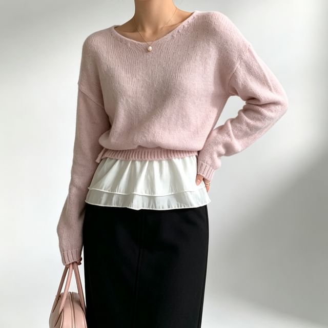 PINPI-Long-Sleeve Round Neck Drawstring Waist Ruffle Hem Panel Sweater