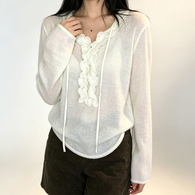 PINPI-Long-Sleeve Ruffle Trim V-Neck Tie-Front Plain Knit Top