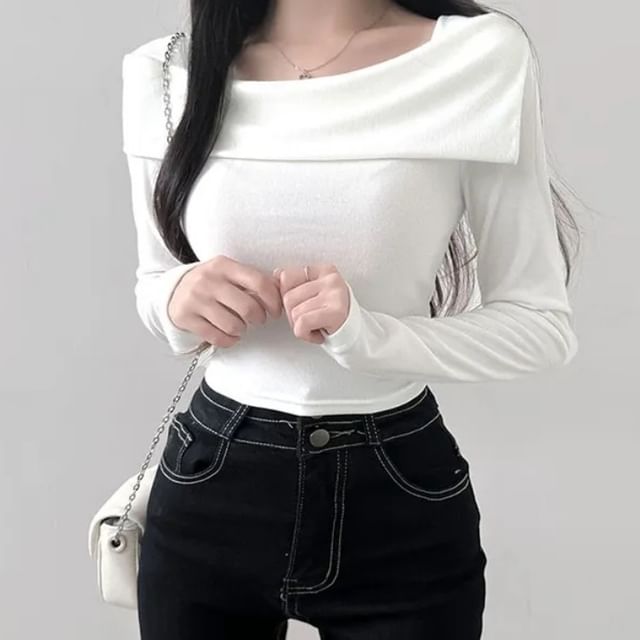 PINPI-Long-Sleeve Square Neck Plain T-Shirt