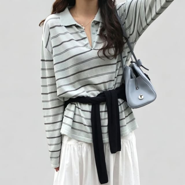 PINPI-Long Sleeve Striped Knit Polo Top