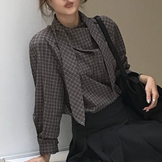 PINPI-Long Sleeve Tie Neck Plaid Blouse