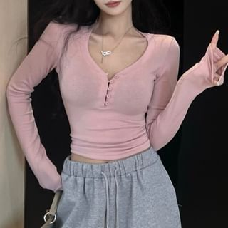 PINPI-Long-Sleeve V-Neck Half Buttoned Plain Crop Top