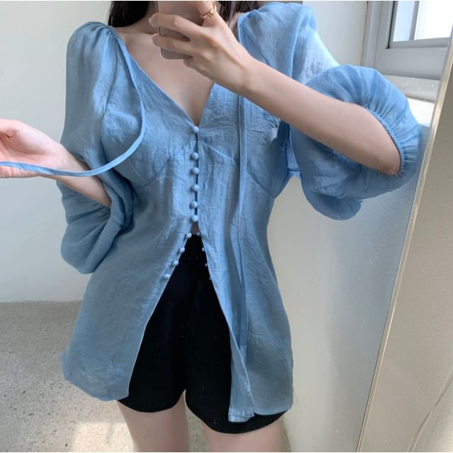 PINPI-Long Sleeve V-Neck Plain Blouse