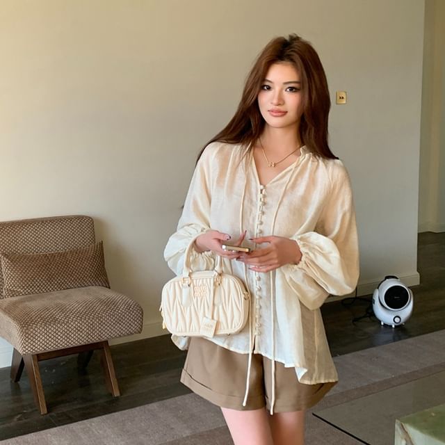 PINPI-Long-Sleeve V-Neck Plain Button Up Top
