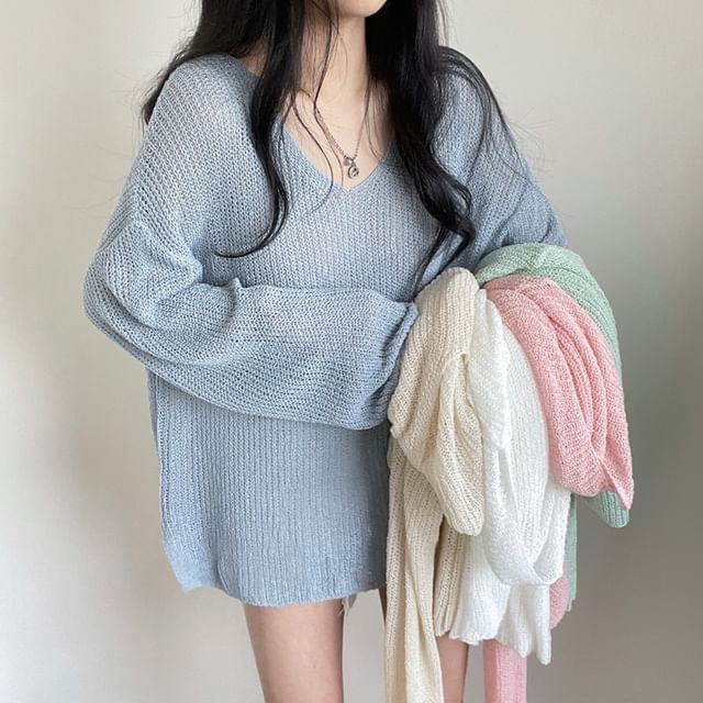 PINPI-Long Sleeve V-Neck Plain Knit Top