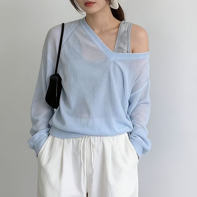 PINPI-Long-Sleeve V-Neck Plain Sheer Knit Top