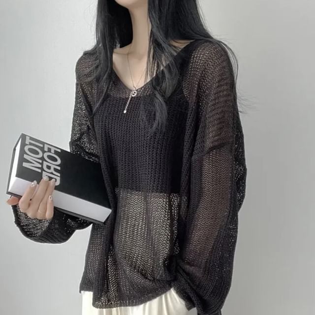 PINPI-Long-Sleeve V-Neck Plain Sheer Knit Top