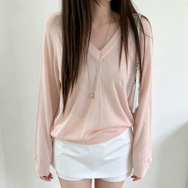 PINPI-Long-Sleeve V-Neck Plain Sheer Knit Top