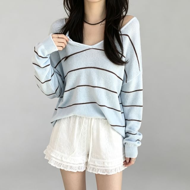 PINPI-Long-Sleeve V-Neck Striped Knit Top