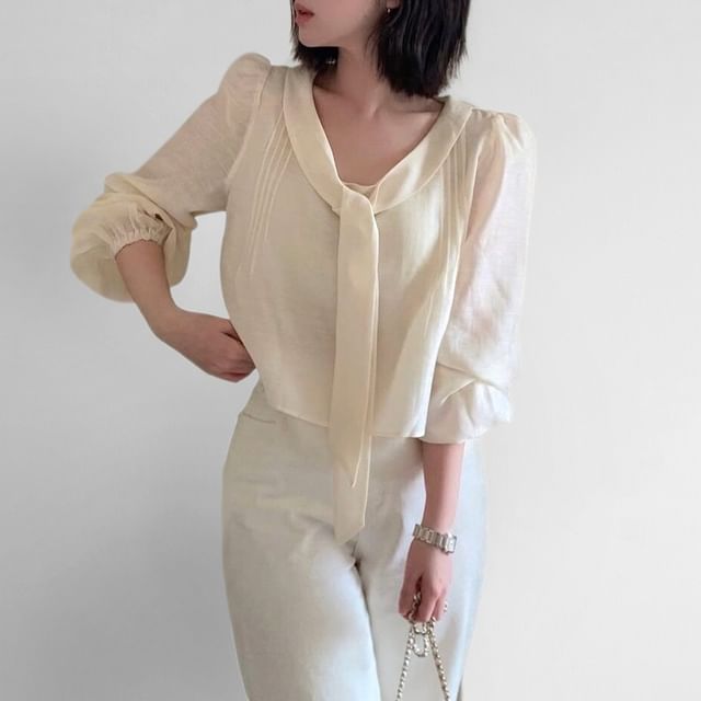 PINPI-Long-Sleeve V-Neck Tie Front Plain Blouse