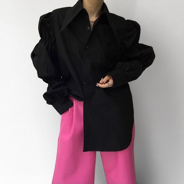 PINPI-Long-Sleeve Wrinkled Plain Shirt