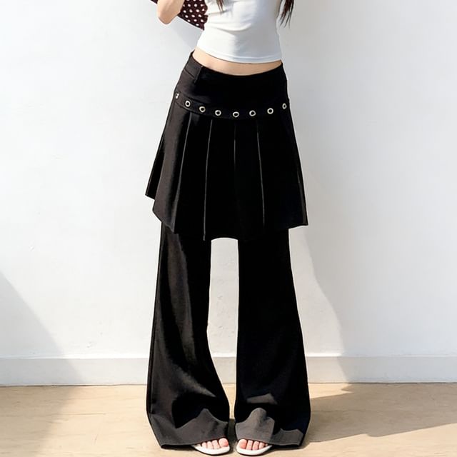 PINPI-Mid Waist Skirt Overlay Flared Pants