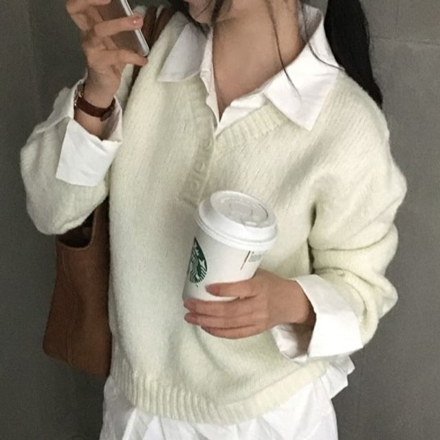 PINPI-Mock Two-Piece Collar Henley Sweater