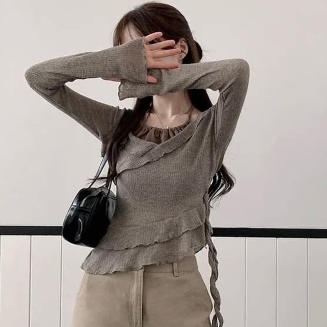 PINPI-Mock Two-Piece Long-Sleeve Halter Neck Asymmetrical Ruffle Trim Sheer Crop Top