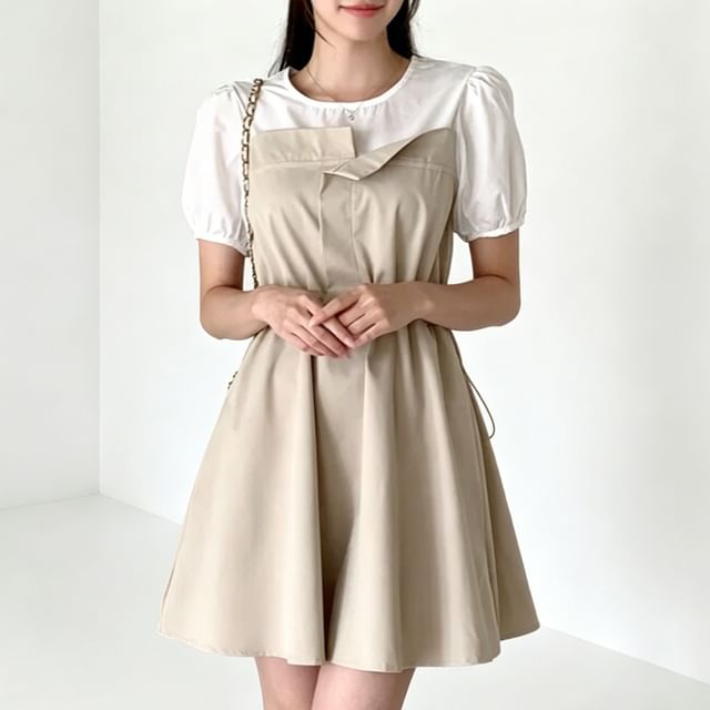 PINPI-Mock Two-Piece Puff-Sleeve Crew Neck Two Tone Drawstring Waist Mini A-Line Dress