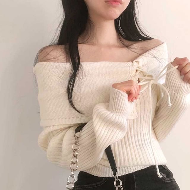 PINPI-Off Shoulder Plain Ribbed Knit Sweater