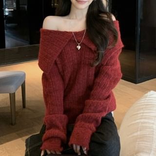PINPI-Off Shoulder Plain Ribbed Sweater