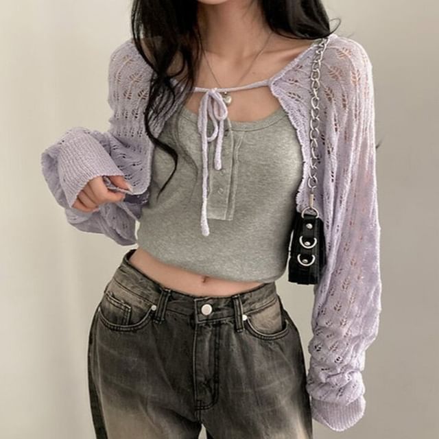 PINPI-Perforated Open Front Cardigan