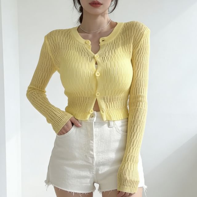 PINPI-Plain Pointelle Knit Cropped Cardigan