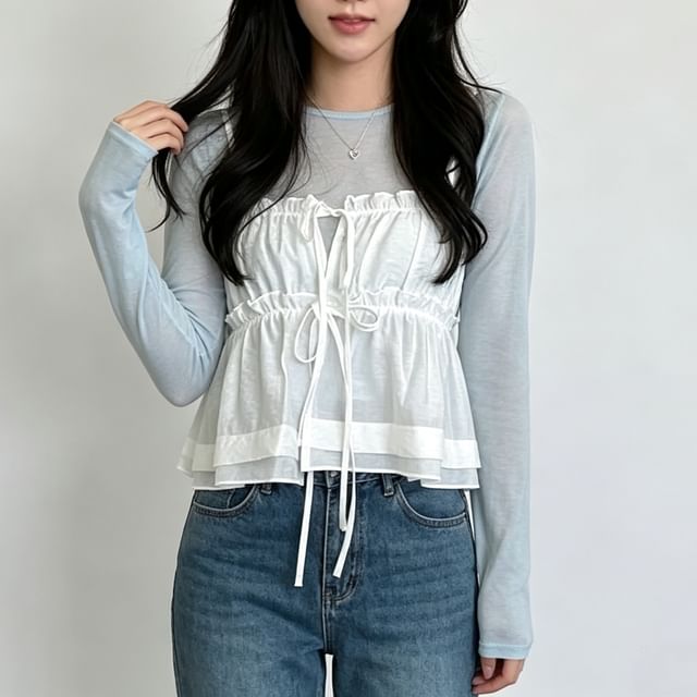 PINPI-Plain Ruffle Front-Slit Camisole Top
