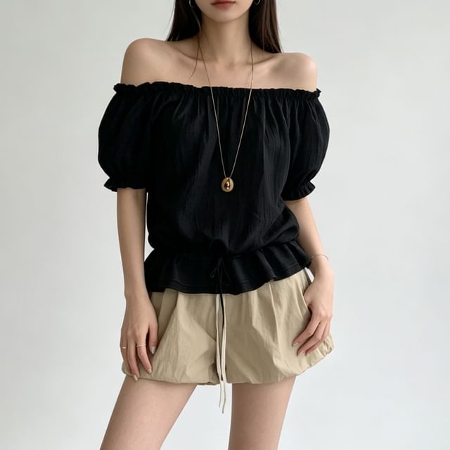 PINPI-Puff-Sleeve Off-Shoulder Plain Sheer Blouse