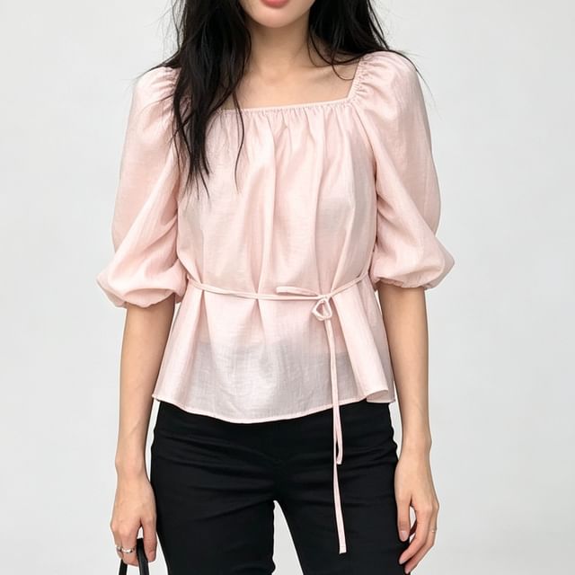 PINPI-Puff-Sleeve One-Shoulder Plain Blouse