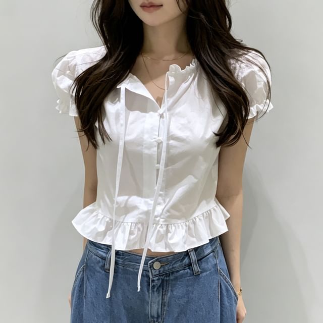 PINPI-Puff-Sleeve Plain Ruffle Cropped Blouse