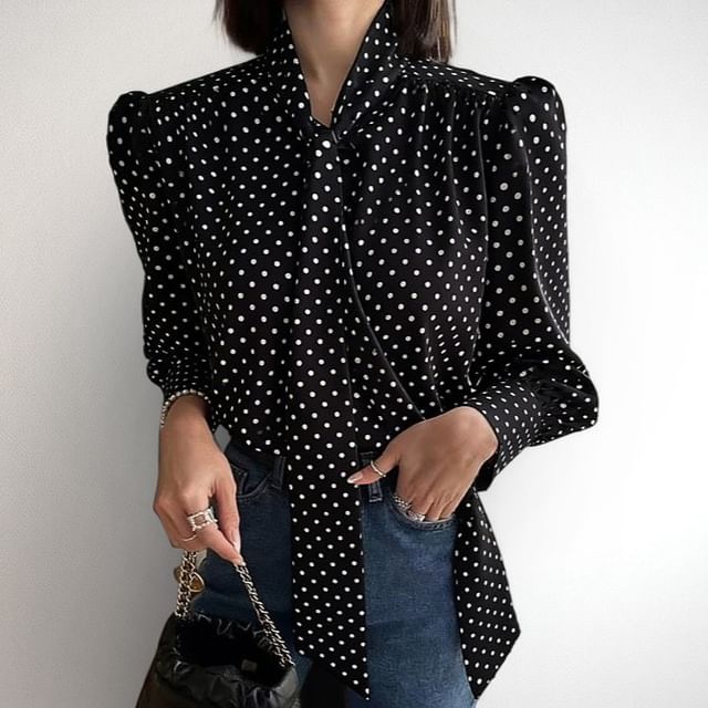 PINPI-Puff-Sleeve Tie-Neck Polka Dot Blouse