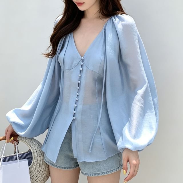 PINPI-Puff-Sleeve V-Neck Plain Blouse