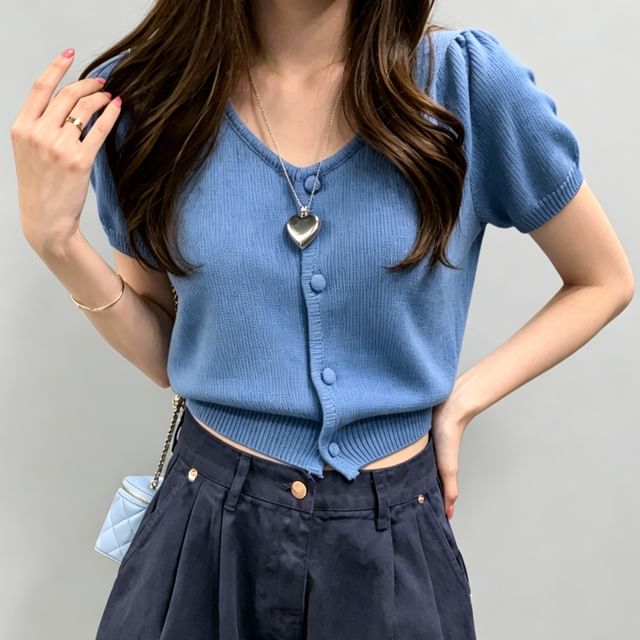 PINPI-Puff-Sleeve V-Neck Plain Cardigan