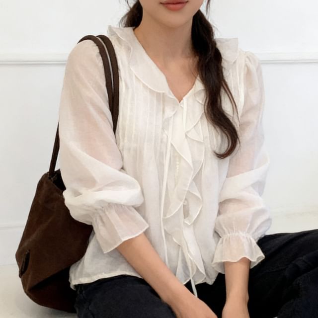 PINPI-Puff-Sleeve V-Neck Plain Ruffle Blouse