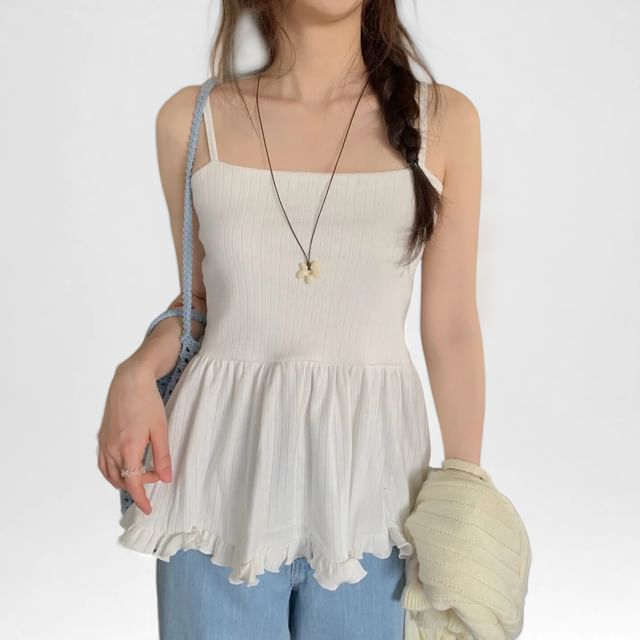 PINPI-Ribbed Frill Trim Plain Camisole Top