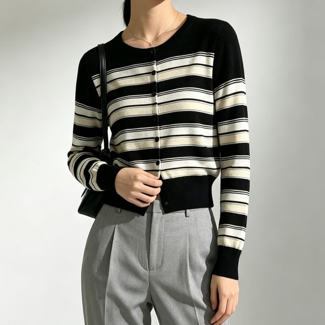 PINPI-Round Neck Striped Button Up Cardigan