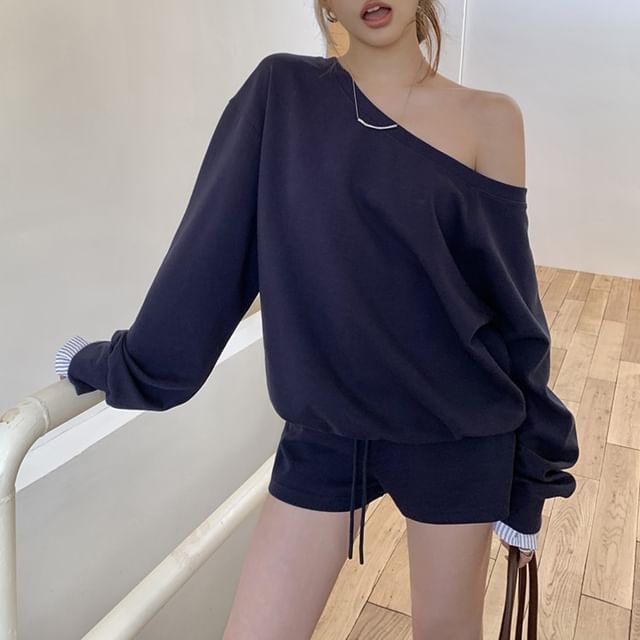 PINPI-Set Boat Neck Plaid Panel Pullover Drawstring Waist Shorts