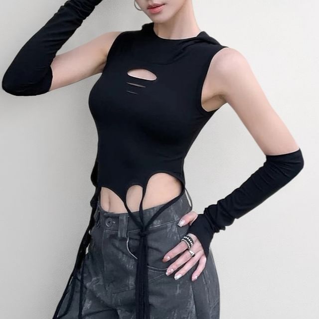 PINPI-Set Sleeveless Cutout Plain Top Arm Sleeves