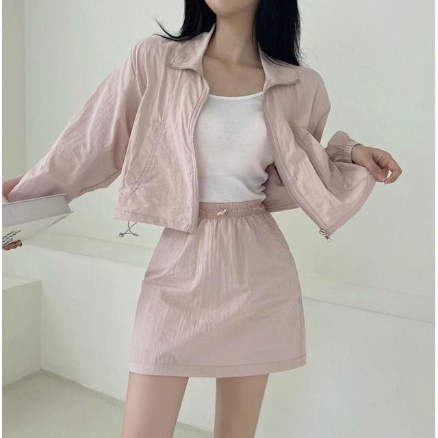 PINPI-Set Stand Collar Zip-Up Plain Crop Jacket High Waist Mini A-Line Skirt