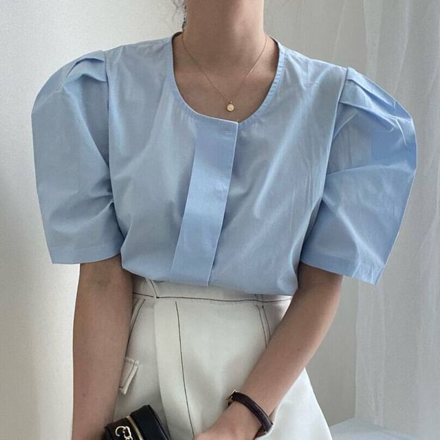 PINPI-Short-Sleeve Button-Up Plain Blouse