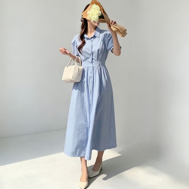PINPI-Short-Sleeve Collared Button-Up Plain Midi A-Line Dress