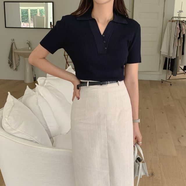 PINPI-Short Sleeve Collared V-Neck Plain Knit Top