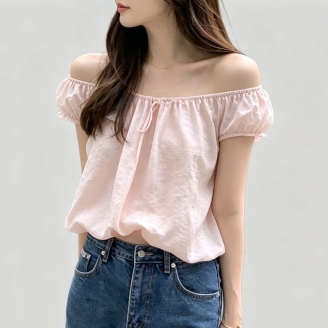 PINPI-Short Sleeve Off Shoulder Plain Bow Top