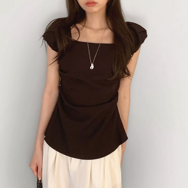 PINPI-Short-Sleeve Off Shoulder Plain Flowy Top