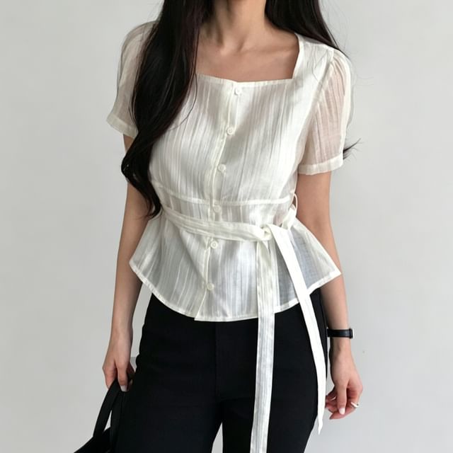 PINPI-Short-Sleeve Square Neck Button-Up Plain Sheer Blouse