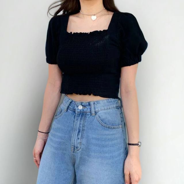 PINPI-Short-Sleeve Square Neck Smocked Plain Crop Blouse