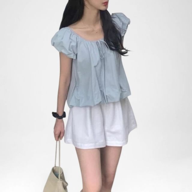 PINPI-Short-Sleeve U-Neck Plain Crop Blouse