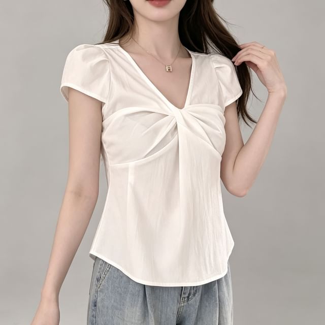 PINPI-Short-Sleeve V-Neck Plain Twisted Blouse