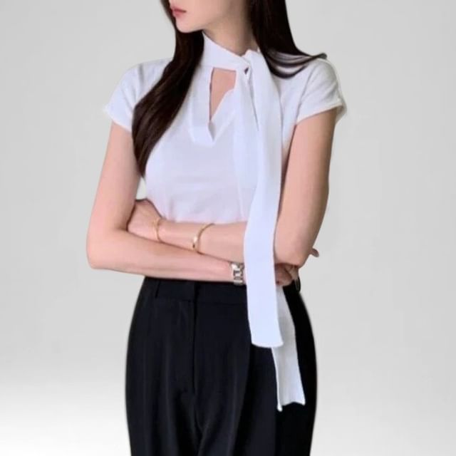 PINPI-Short-Sleeve V-Neck Tie Front Plain Blouse